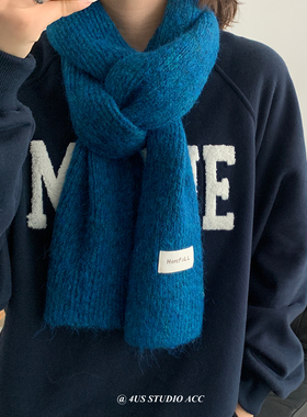 围巾女冬季韩版ins蓝色针织毛线围脖贴布纯色高级感学生情侣保暖