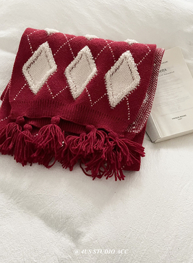 光遇圣诞季同款cos围巾女新年红色流苏菱形格子围脖手套冬季保暖