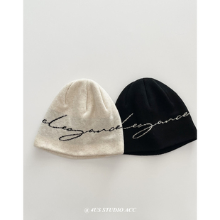 羊毛混纺针织帽男女街头潮牌字母提花毛线帽秋冬户外保暖护耳冷帽