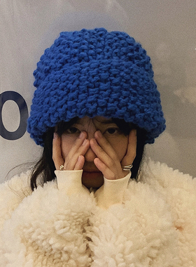 粗针织菠萝花纹毛线帽ins冬天百搭大头围克莱因蓝帽子女潮显脸小