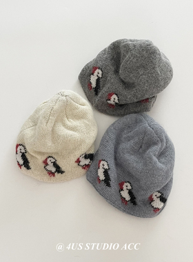 韩版童趣可爱企鹅提花针织帽女秋冬季保暖加厚毛线帽护耳包头冷帽