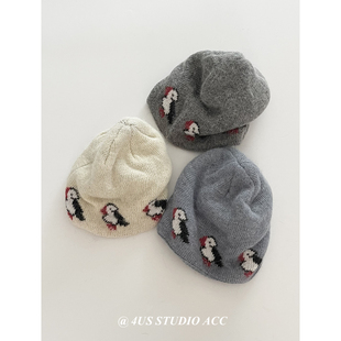 韩版 保暖加厚毛线帽护耳包头冷帽 童趣可爱企鹅提花针织帽女秋冬季