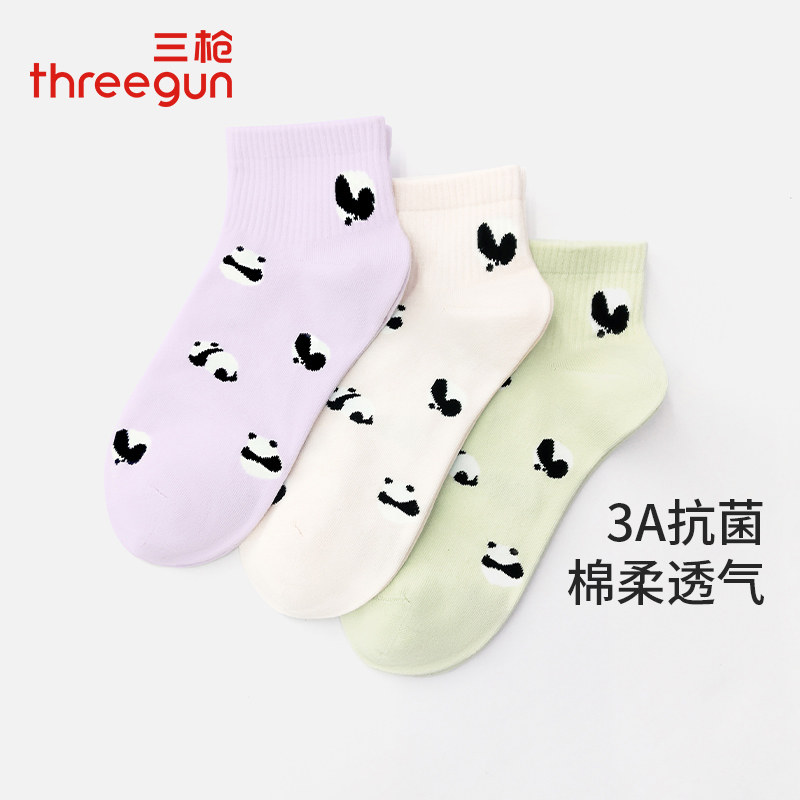 3双三枪女袜卡通可爱熊猫提花短筒袜日系少女棉袜防滑不掉根袜子
