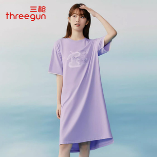 三枪睡裙女夏季 家居服 新品 冰泉棉轻薄爽滑透气休闲家居裙圆领短袖