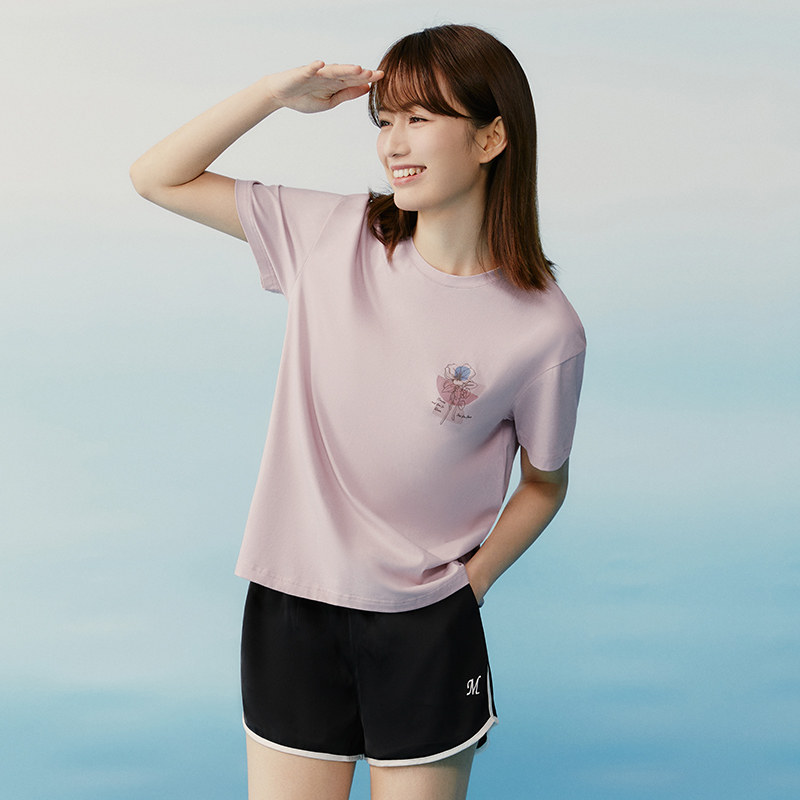 세군 반팔 티셔츠 여성 신작 여름 시원한 아이스 스프링 코튼 라운드 넥 프린트 블라우스 캐주얼 심플 스포츠 탑
