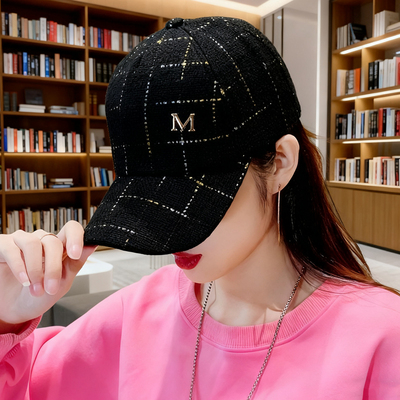 韩版潮牌M标格子棒球帽