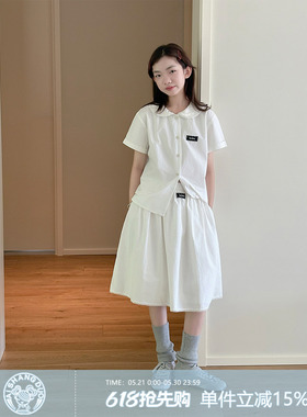 艾上朵女童miu系学院风短袖衬衫2026春季新款白色a字半身裙套装潮