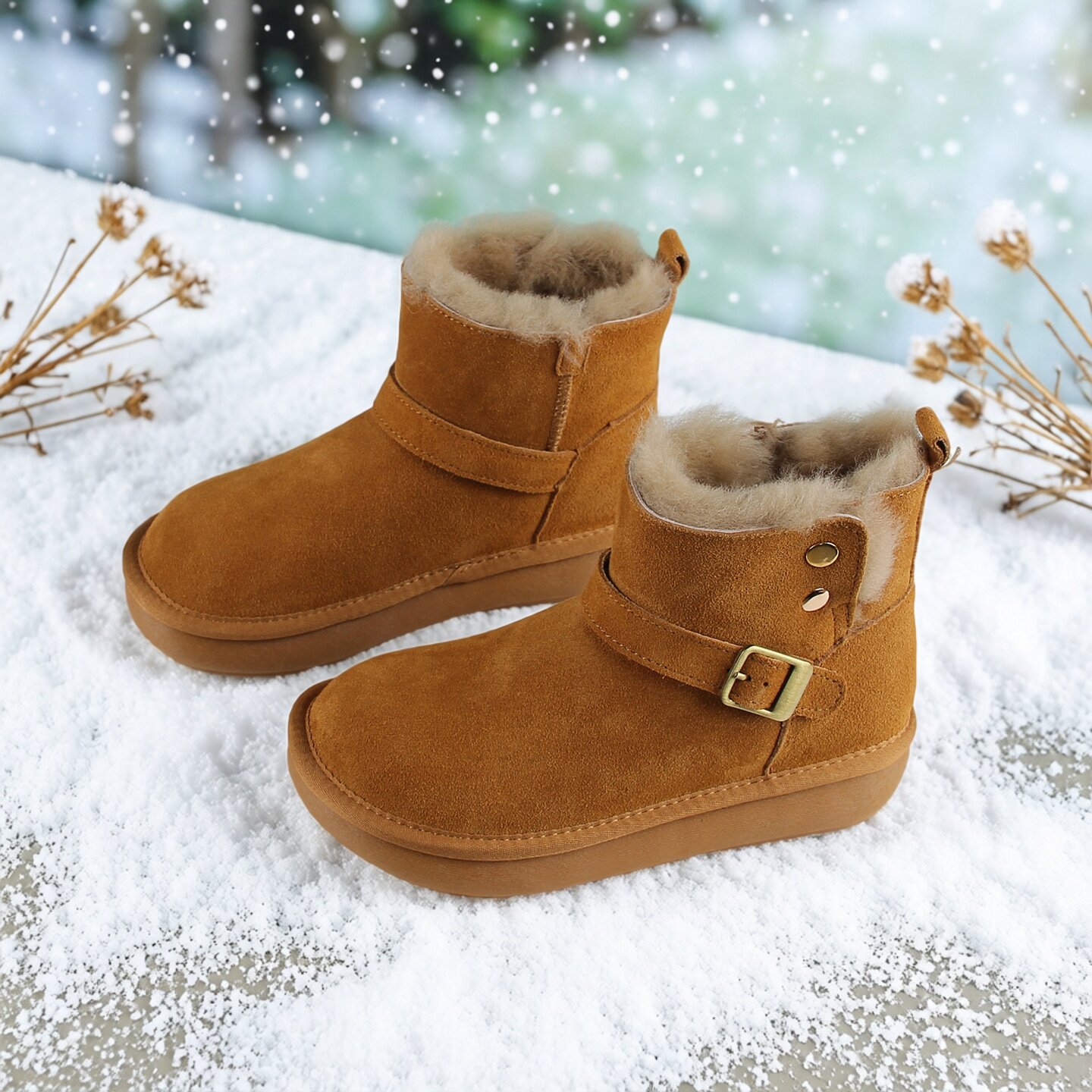 全羊毛棉鞋皮毛一体防滑女雪地靴