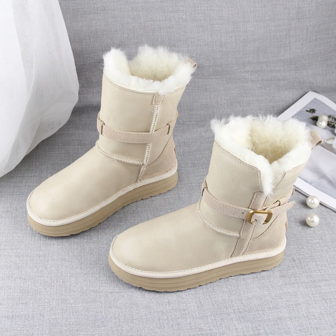 皮面全羊毛雪地靴女皮毛一体棉靴