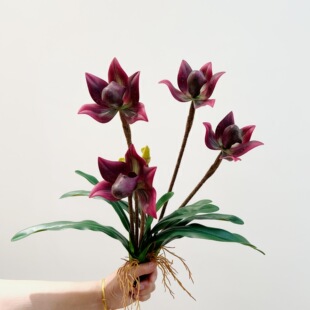 仿真兜兰 仿真花PVC手感兜兰家居装饰3杈带叶妃子笑兜兰 软装花艺