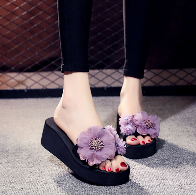 厚底时尚风防滑花朵高跟凉拖鞋