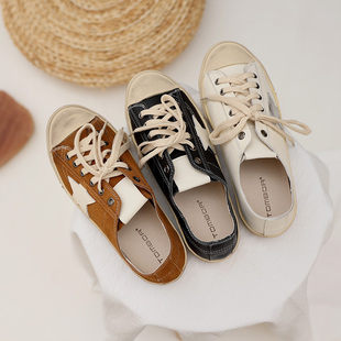 复古平底运动鞋 2025春夏新款 女小白鞋 真皮圆头拼接系带星星小脏鞋