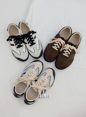 TOMBOR25春季新款真皮拼色系带圆头平底百搭休闲鞋女运动德训鞋女