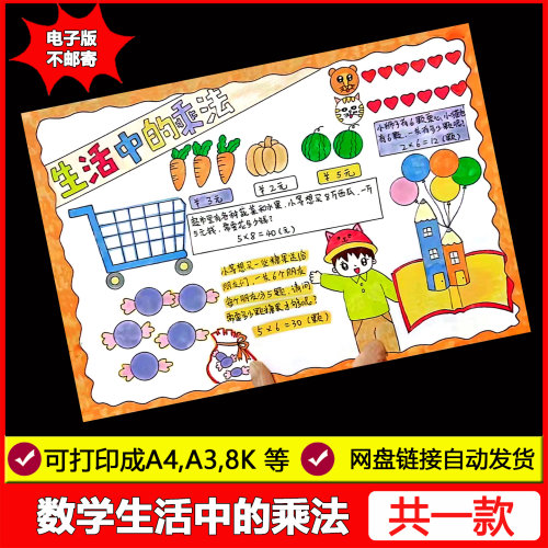 小学二年级上册数学乘法生活中的乘法手抄报模板数学小报电子线稿