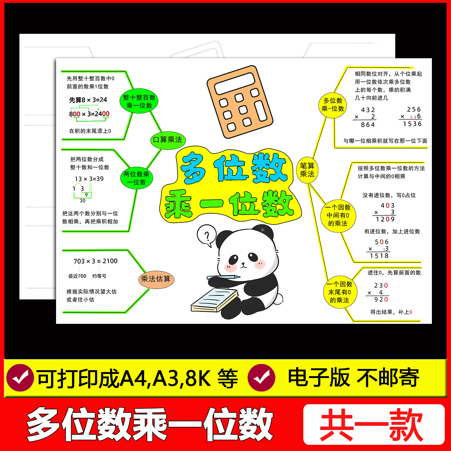 多位数乘一位数思维导图手抄报三年级上册趣味数学电子模版线稿