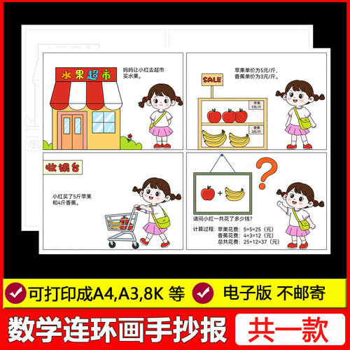 二年级数学乘法连环画手抄报四宫格漫画看图列算式小报线稿电子版