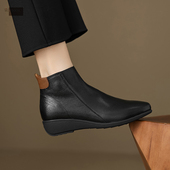 舒适软底踝靴短筒秋季 头层羊皮真皮小坡跟皮鞋 圆头中跟短靴子女