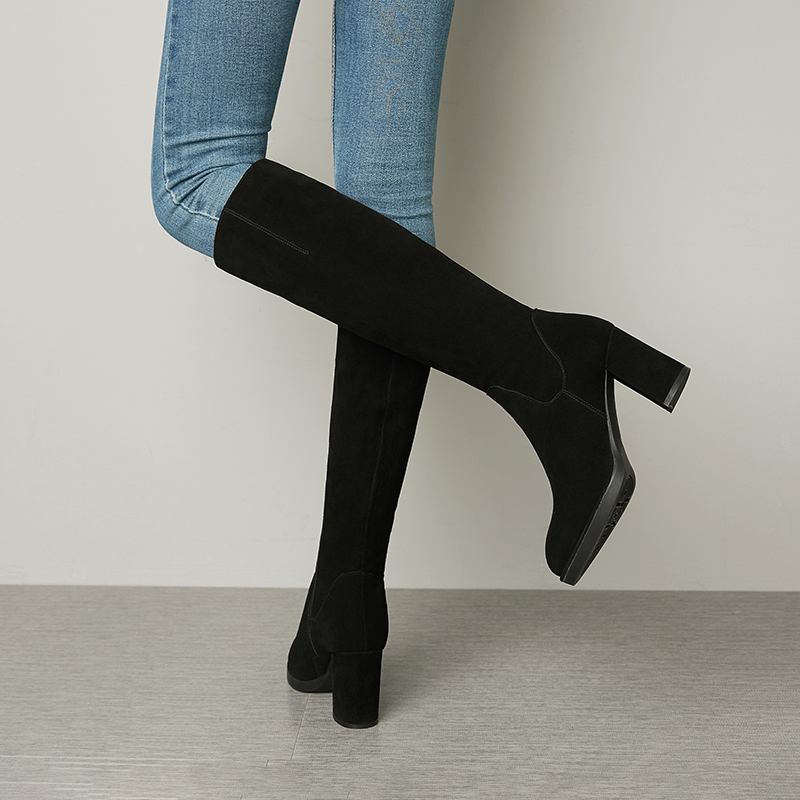 way真皮磨砂防水高筒靴粗跟