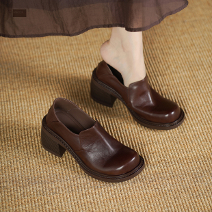 真皮 拖两穿深口单鞋 圆头粗跟小皮鞋 高跟厚底鞋 柔软皮质 女 玮保