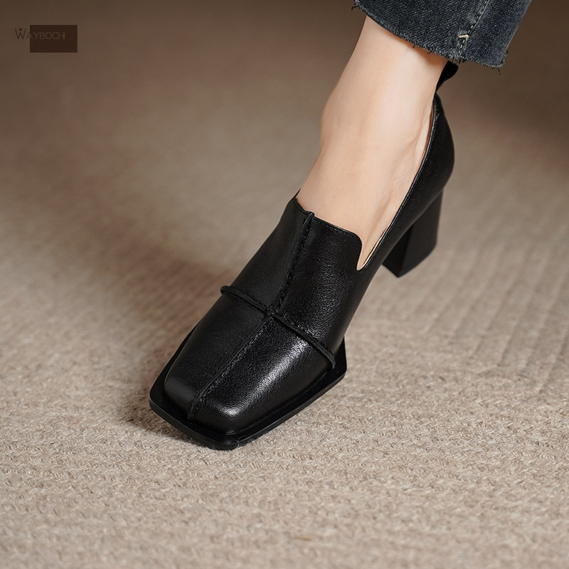 玮保/真皮法式复古拼接高跟鞋方头深口单鞋女 2025春新粗跟软羊皮,女鞋,深口单鞋,淘宝优惠券,粉丝福利购,淘宝优惠卷