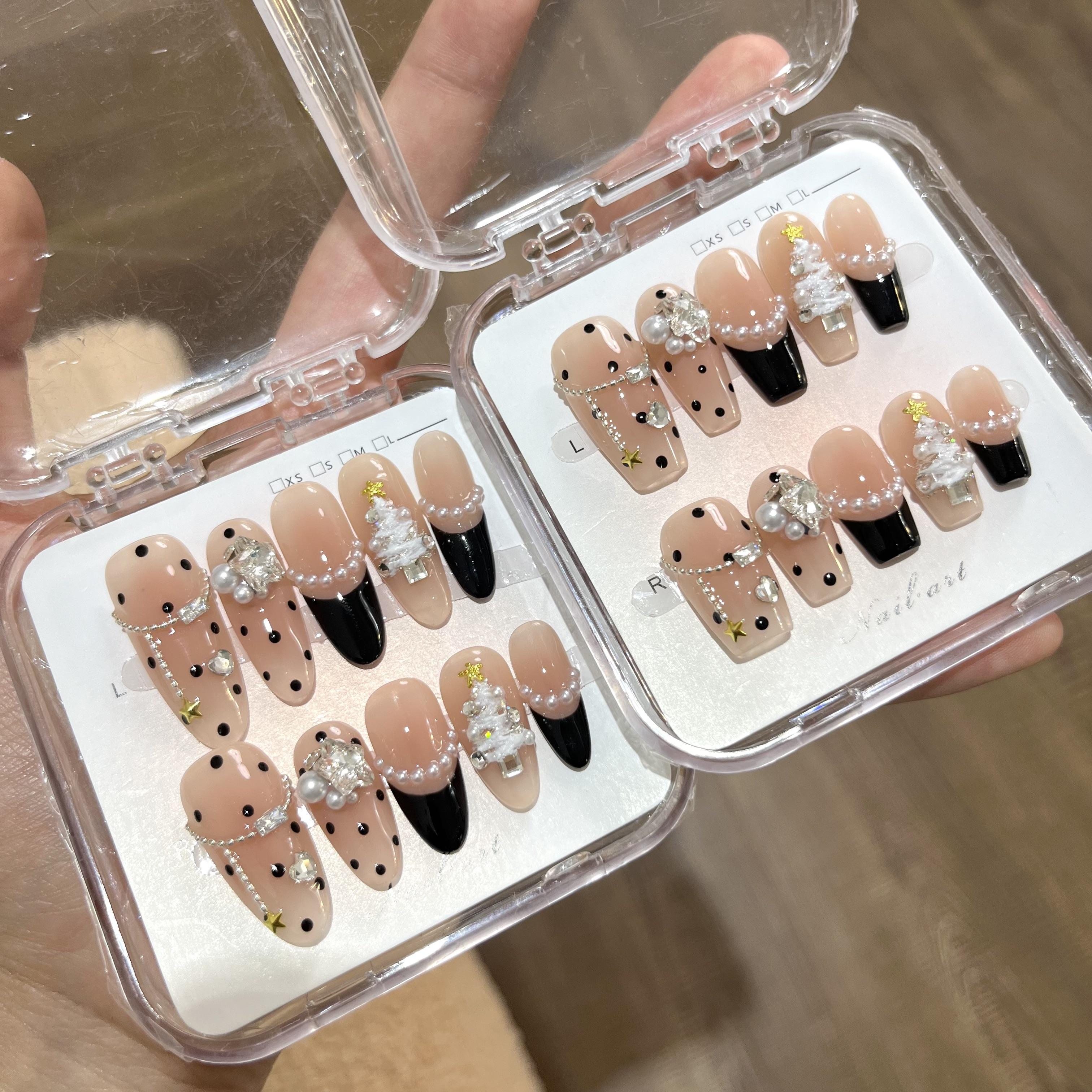 圣诞快乐 | 秋冬圣诞树纯手工光疗穿戴甲黑色法式波点穿戴甲贴片