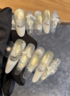 绿野清露|绿猫眼清新森系穿戴甲白法式花卉锆石蝴蝶结手工穿戴甲