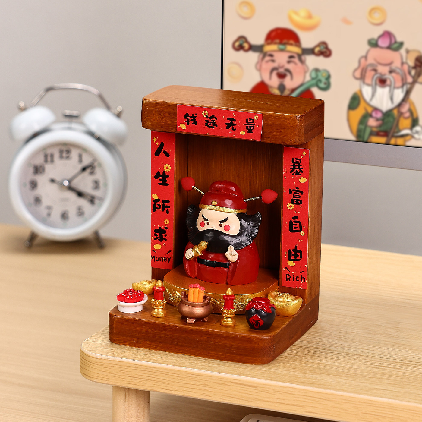 可爱新款钟馗财神爷桌面神龛供奉小型摆件创意办公室开业招财玩偶