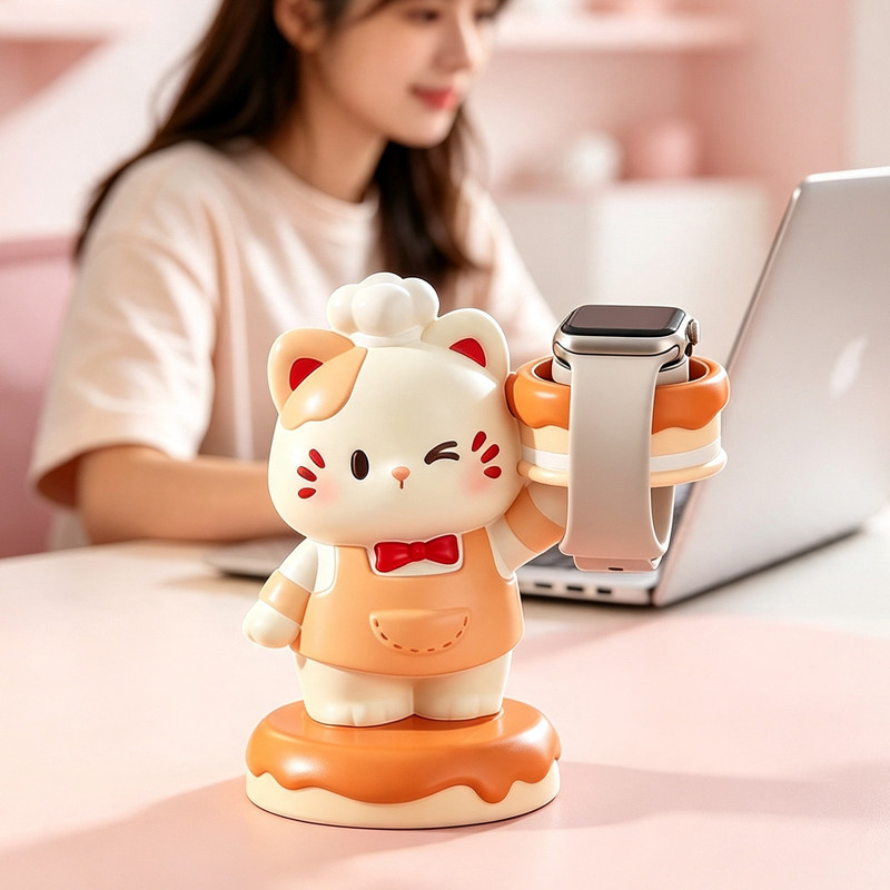 可爱床头猫咪智能手表充电支架桌面摆件小猫手机充电器手表充电架