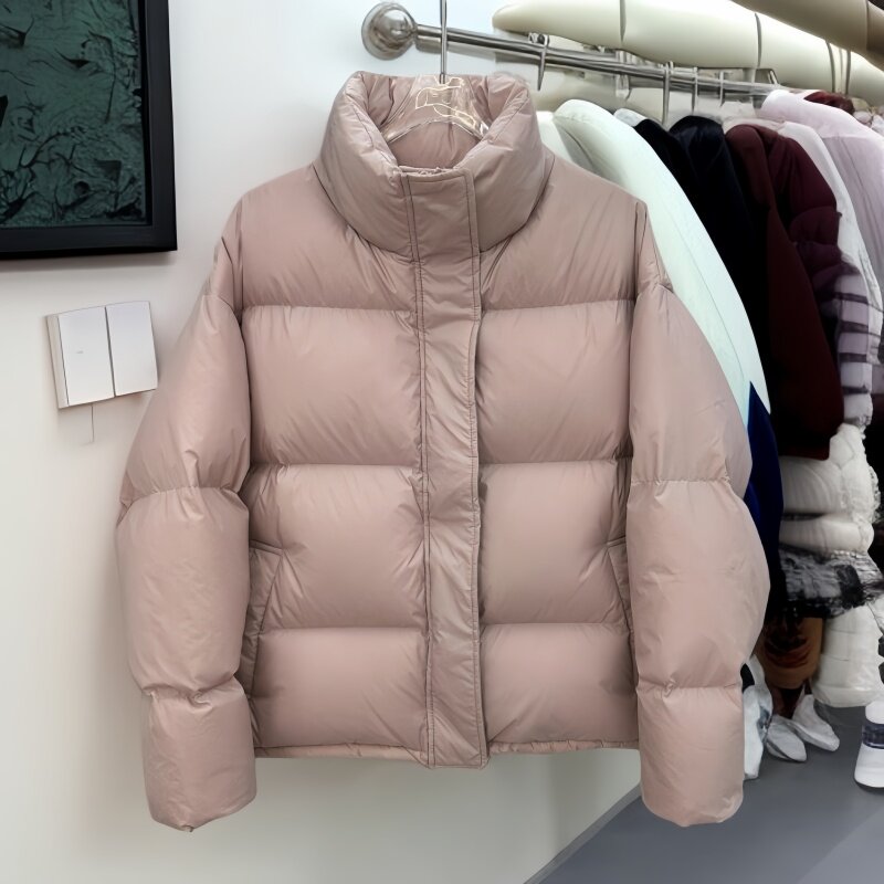 95白鸭绒羽绒服女短款2025新款立领小个子白色加厚面包服保暖外套