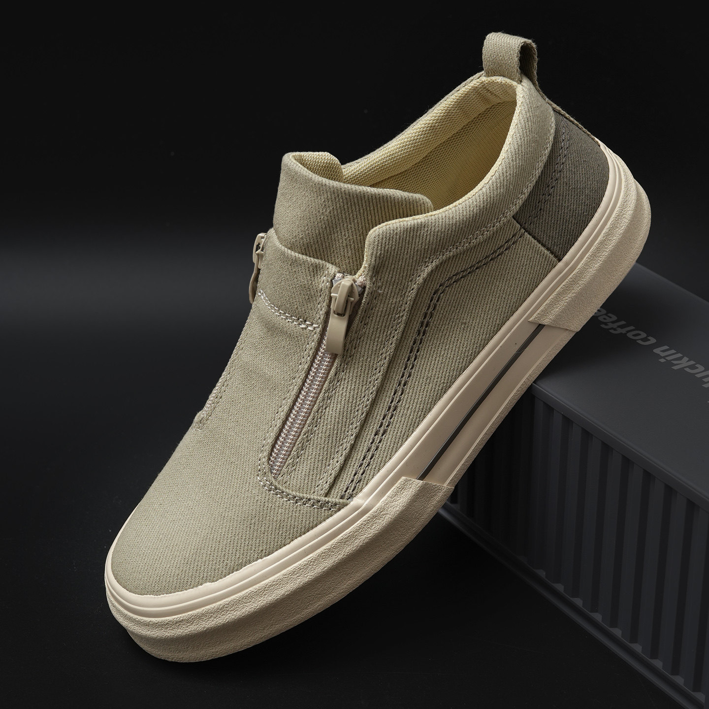 春季新款男士休闲帆布鞋时尚百搭板鞋拉链透气懒人鞋简约青年布鞋