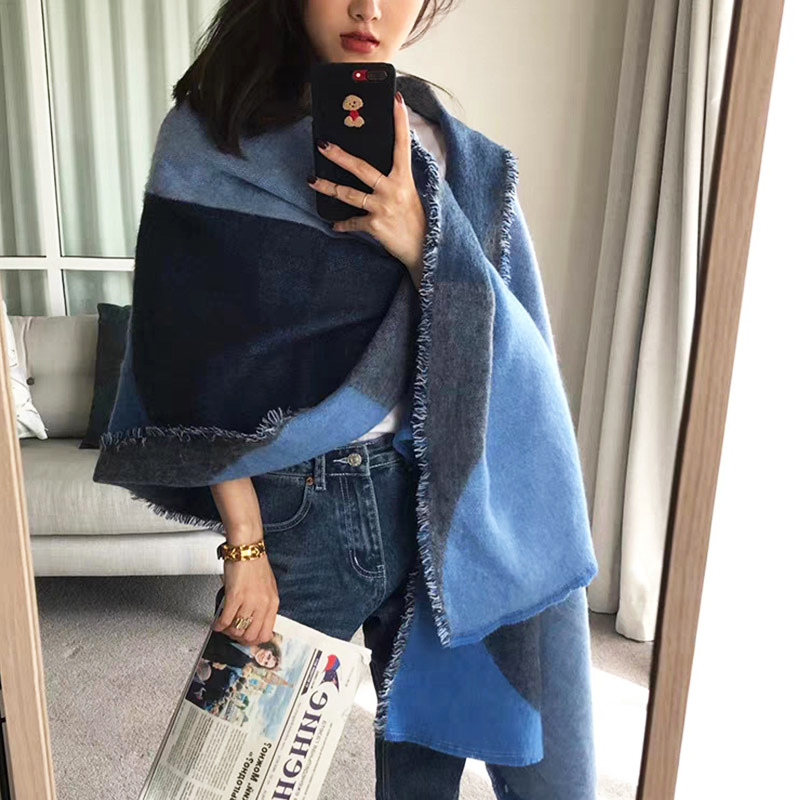 围巾女秋冬季韩版百搭仿羊绒大披肩两用保暖加厚围脖欧美拼色冬天