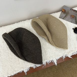 出口韩国羊毛针织卷边水桶帽子女秋冬复古咖色渔夫帽大头围盆帽潮