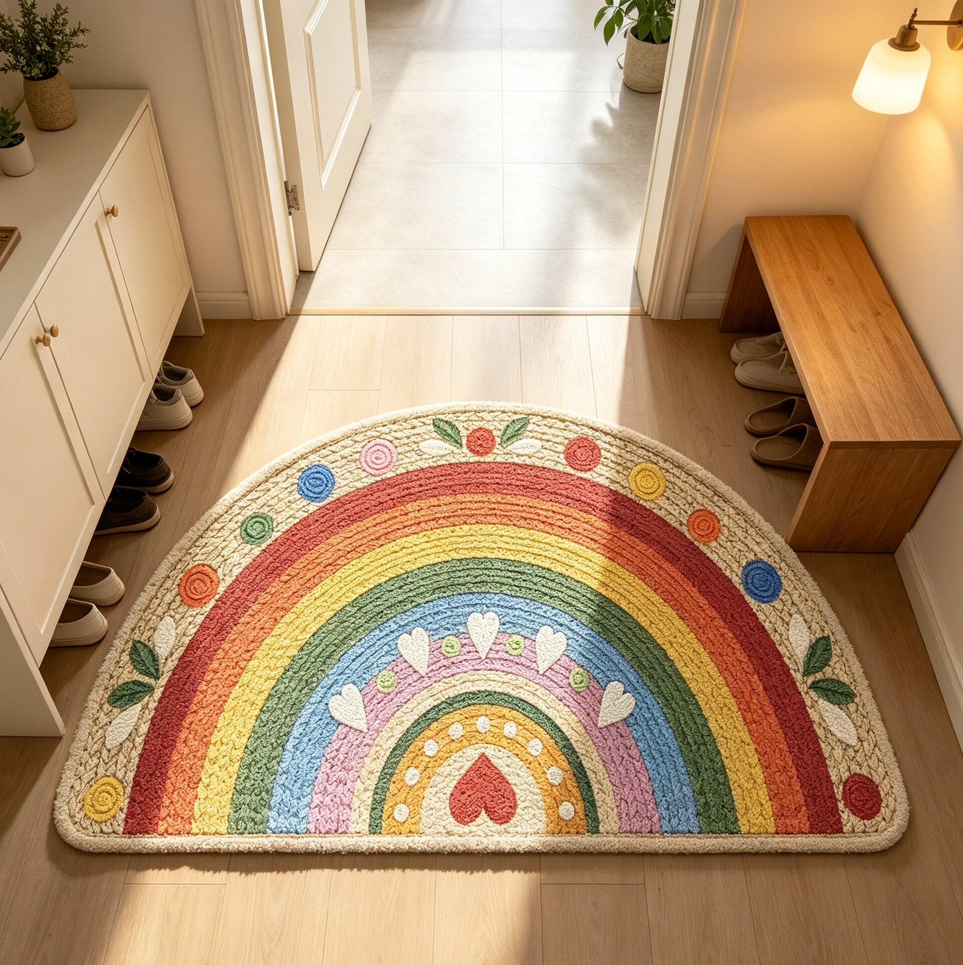 c356（50*80CM）泡格麻爱心彩虹桥半圆形地垫入户门防滑进门垫