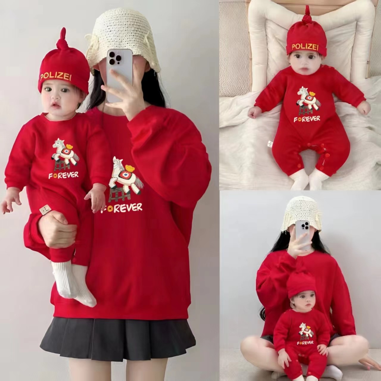 马年亲子装卫衣一家三口四口本命年大红色加绒新年喜庆母子母女装