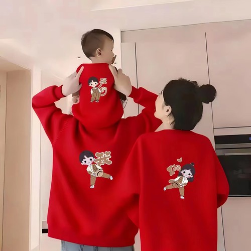 婴儿百天周岁亲子装母女一家三口四口秋冬过年全家装红色母子卫衣