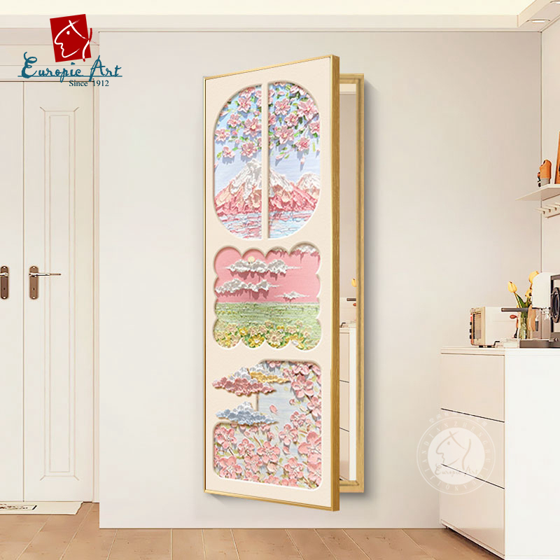 奶油风隐藏式全身镜装饰画翻开式穿衣镜子可关闭推拉清新玄关壁画