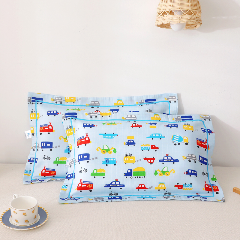 a类儿童男孩小汽车枕套30X50cm双层纱卡通宝宝全棉枕巾婴儿枕头套