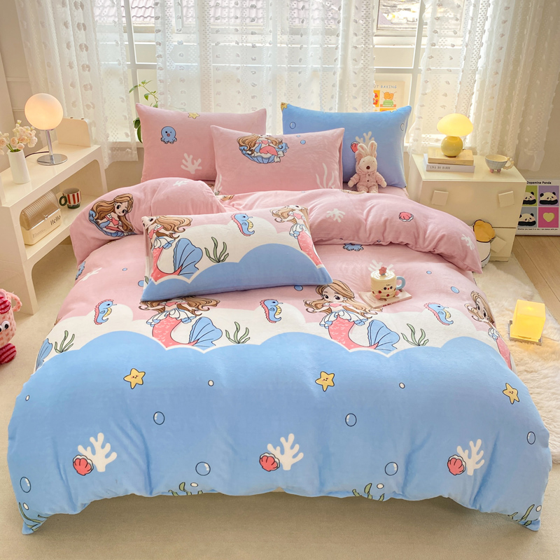 冬季牛奶绒儿童女孩四件套短毛绒面被套三件套卡通美人鱼床上用品
