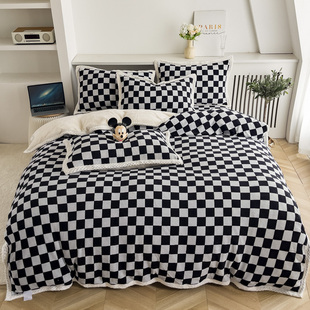 冬季珊瑚绒牛奶绒床上三四件套羊羔绒黑白格子棋盘格被套床品男生