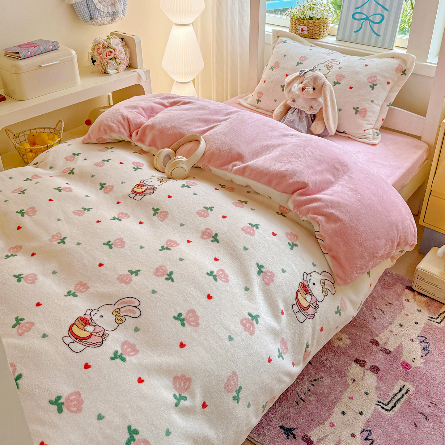 牛奶绒被套单件150x200x230加绒被罩珊瑚绒床品儿童女孩可爱兔子