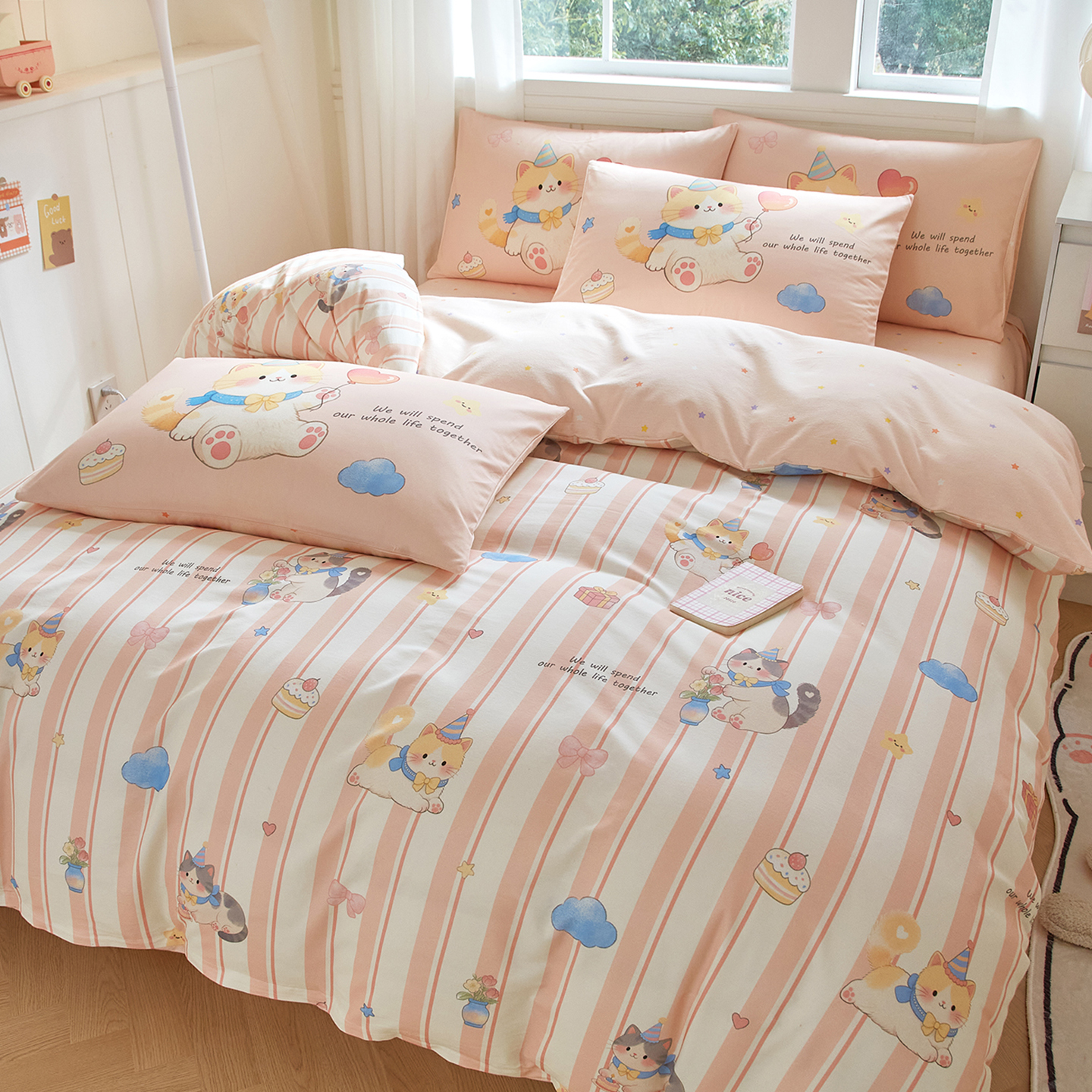 纯棉加厚磨毛保暖床上三四件套全棉床品儿童女孩猫咪被套床单冬季