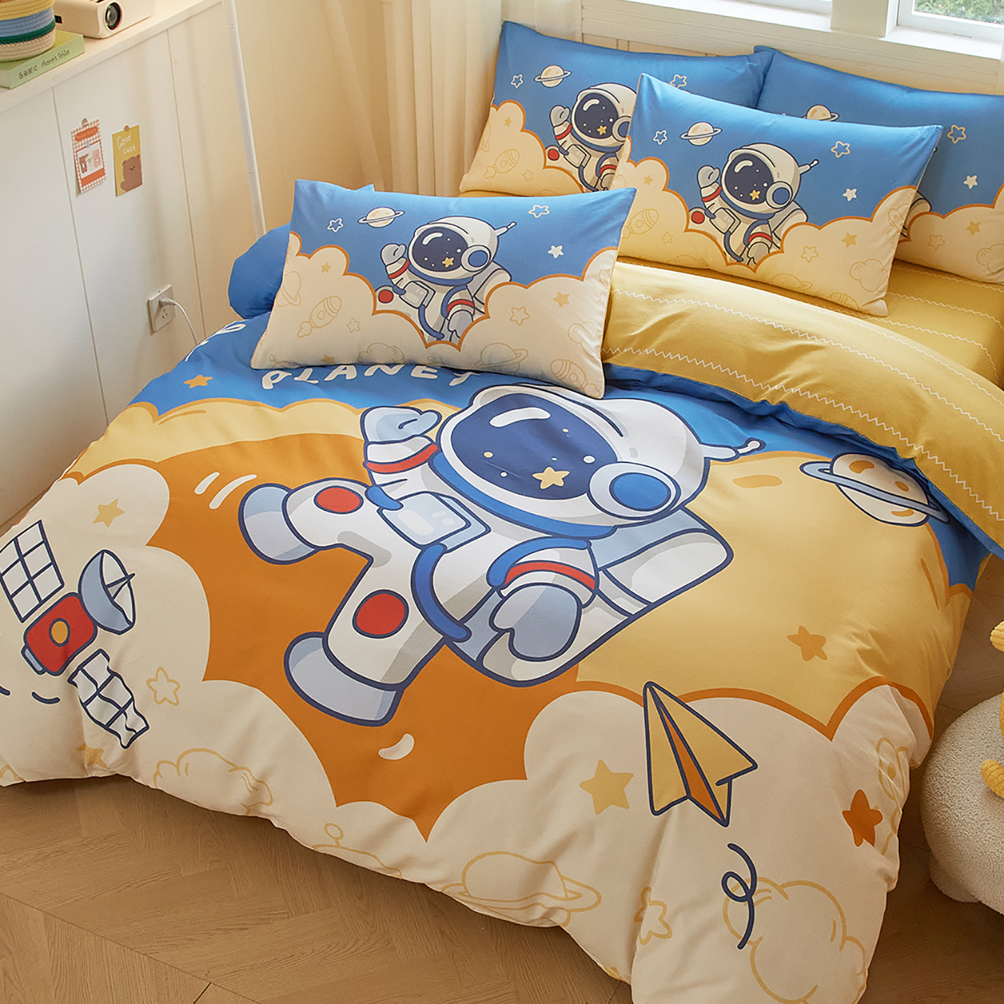 全棉加厚磨毛床上四件套宇航员儿童男孩床单床笠纯棉三件套太空人