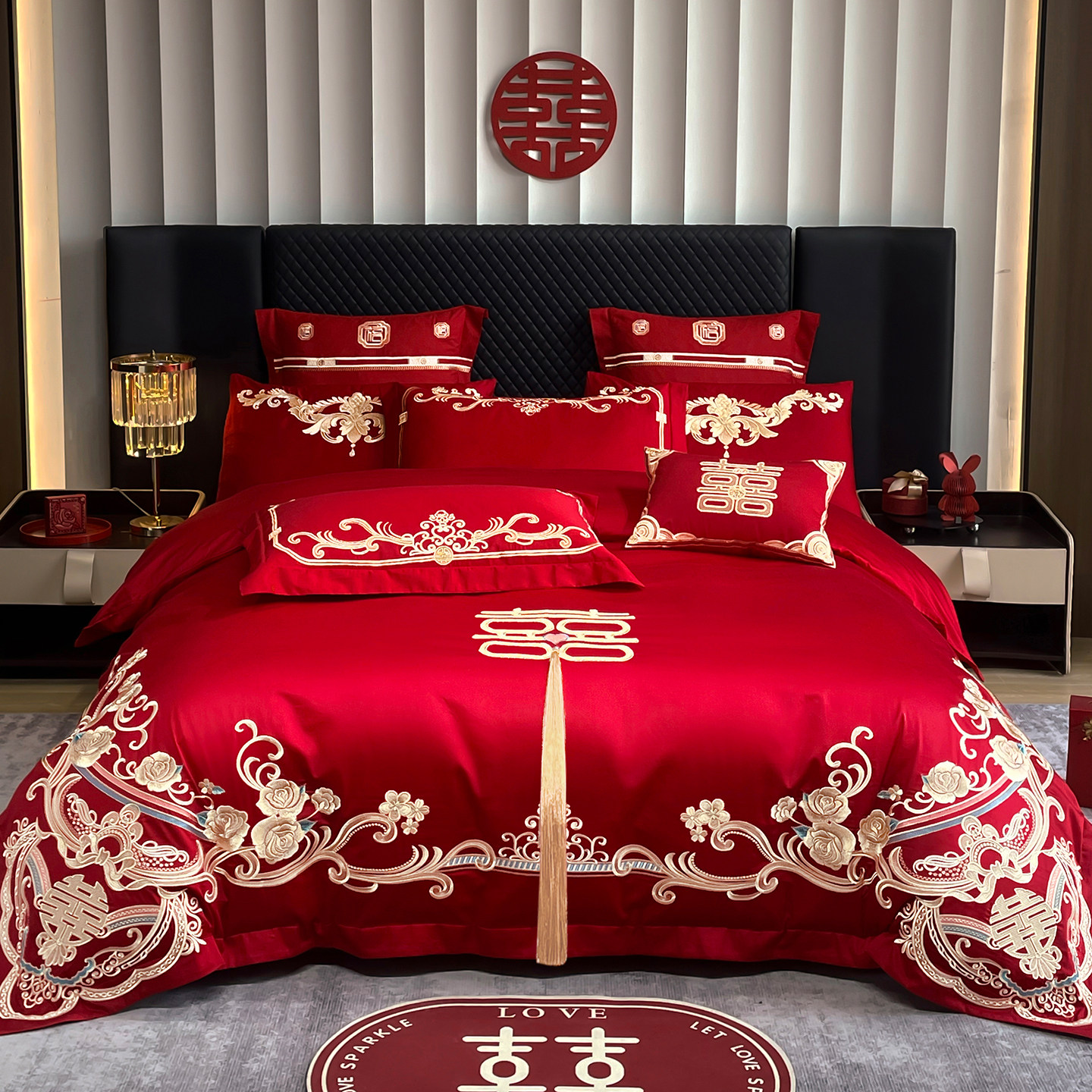 婚庆四件套婚嫁新婚床品刺绣被套红色结婚礼婚房婚床喜庆绣花套件