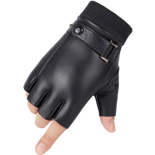 皮手套男秋冬季潮时尚加绒保暖触屏户外骑行开车防水防滑半指手套