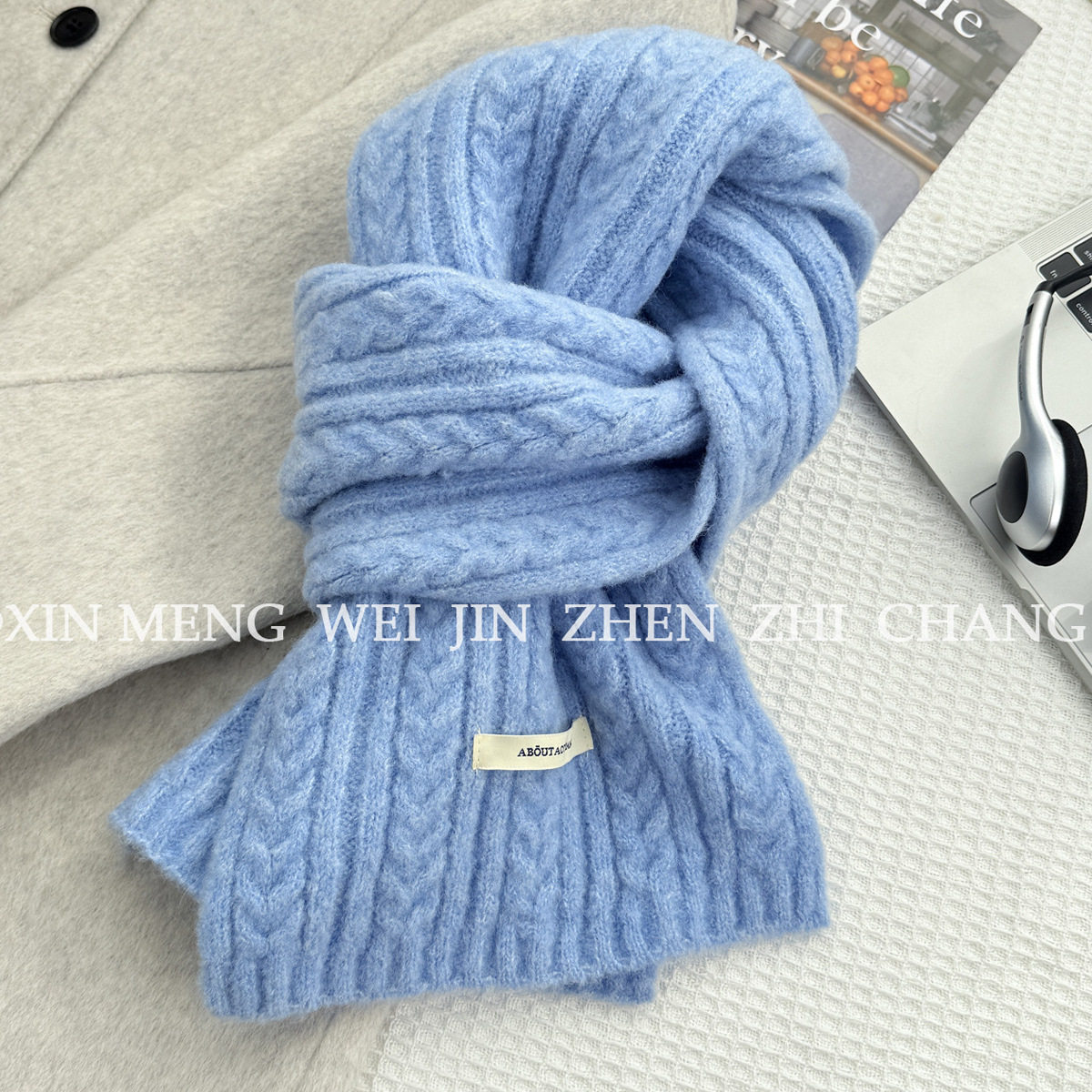 韩系推荐~蓝色麻花纹百搭小围巾含羊毛女秋冬高级感保暖针织围脖