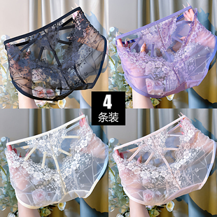 新品蕾丝透明性感内裤女中高腰舒适大码少妇诱惑胖MM爆款三角裤薄