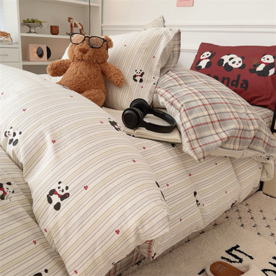 线条卡通小熊猫四件套全棉纯棉