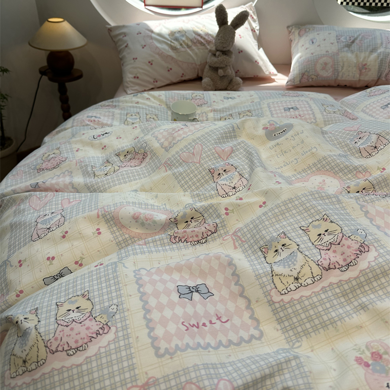 奶油风少女心格子小猫纯棉四件套