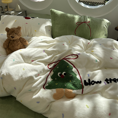 小清新圣诞树彩色彩带床上四件套