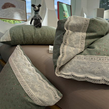 A类母婴级少女蕾丝花边双层纱小碎花绿色全棉纯棉四件套1.5m1.8米